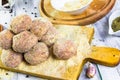 Raw meat balls minced beef rolled breadcrumbs Royalty Free Stock Photo