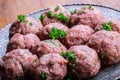 Raw meat balls. Prepared uncooked meat balls in a metal tray. Royalty Free Stock Photo