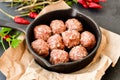 Raw meat balls vintage cast-iron pan Royalty Free Stock Photo