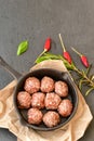 Raw meat balls vintage cast-iron pan Royalty Free Stock Photo