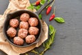 Raw meat balls vintage cast-iron pan Royalty Free Stock Photo