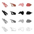 Raw meat: a beak, a hip on a stand, a ham, a chicken wing.Meat set collection icons in cartoon black monochrome outline