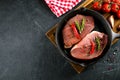 Raw meat in black cast-iron pan. Pork steaks with spices, herbs dark background. Top view Royalty Free Stock Photo