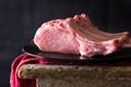 Raw meat on black plate and red towel. Clasic still life