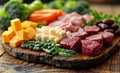 Raw meat cheese and vegetables on wooden cutting board Royalty Free Stock Photo