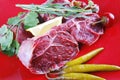 Raw meat chunk on red plate Royalty Free Stock Photo