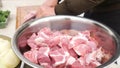 Raw meat close up, pork tenderloin filet cut into pieces