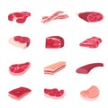 Raw meat collection. Flat meats icons, food cooked pork. Isolated fresh slice, beef chicken steak. Cartoon bacon or ham