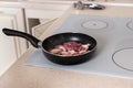 Raw Meat Cooking in Frying Pan on Stove Top Royalty Free Stock Photo