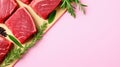 Raw meat on a cutting board with rosemary sprigs. Generative AI image.