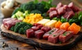Raw meat fish and vegetables on cutting board Royalty Free Stock Photo