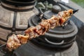 Raw meat grill on the skewer is placed ispecial oven - tandyr for cooking