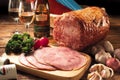 Raw Meat, Ham on Carving Board, Pork with wine