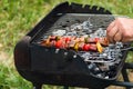 Raw meat just put on the barbecue, meat skewer with diced vegetables