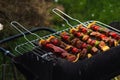 Raw meat just put on the barbecue, meat skewer with diced vegetables