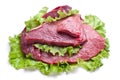 Raw meat on lettuce leaves. Royalty Free Stock Photo