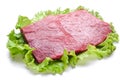 Raw meat on lettuce leaves. Royalty Free Stock Photo