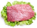 Raw meat on lettuce leaves. Royalty Free Stock Photo