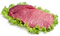 Raw meat on lettuce leaves. Royalty Free Stock Photo