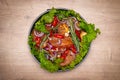 Raw meat. Marbled beef steak in metal baking dish. Vegetables on table. Organic food. Flat lay. Dark Wooden background