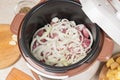 Raw meat and onion in a multicooker pan. Modern, bright multi cooker with products. Cooking stewed potatoes with meat in Royalty Free Stock Photo