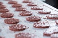 Raw meat patties on assembly line