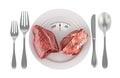 Raw meat on the plate with weight scale. Ketogenic Diet, concept. 3D rendering