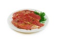 Raw meat. Pork escalope slices with sause in a Dish Isolated Against White Background Royalty Free Stock Photo