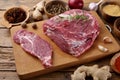 Raw meat pork steak on green rustic table