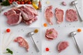 Raw meat, pork steaks on kitchen  table. Royalty Free Stock Photo