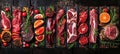 Raw meat products collage divided with white vertical lines, 7 segments, bright white light Royalty Free Stock Photo