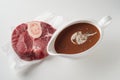 Raw meat and sauce bowl placed on white table