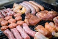 Raw Meat skewer on barbecue grill with coal Royalty Free Stock Photo