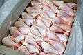 Raw meat, skin Chicken Drumsticks in box.