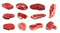 Raw meat slices set. Isolated beef and pork parts, beefsteak, ingredients for dinner or bbq party. Cartoon butcher shop