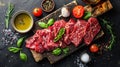 Raw meat with vegetables and herbs on a cutting board, AI Royalty Free Stock Photo