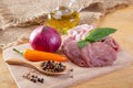 Raw meat, vegetables and olive oil Royalty Free Stock Photo