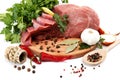 Raw meat, vegetables and spices. Royalty Free Stock Photo