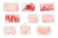 Raw meat in white plastic containers set, top view of chilled chicken and beef steaks