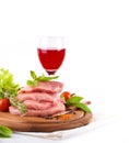 Raw meat, wine