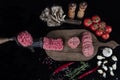 Raw meatballs is ready to be cooked. Raw Minced Beef Butcher Meatballs, Turkish name; Kasap Kofte - on a black background