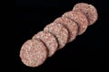 Raw meatballs is ready to be cooked. Raw Minced Beef Butcher Meatballs, Turkish name; Kasap Kofte on a black background