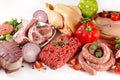 Raw meats on white background- roast beef, sausage, minced beef, chicken, lamb chop Royalty Free Stock Photo