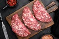 Raw Minced Meat Cutlets. Fresh Minced Beef Pork Steak Burgers, on black dark stone table background, top view flat lay Royalty Free Stock Photo
