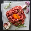 Raw minced meat with pepper, egg, herbs and  spices for cooking cutlets, burgers, meatballs. Royalty Free Stock Photo