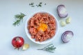 Raw minced meat with pepper, egg, herbs and spices for cooking cutlets, burgers, meatballs. Royalty Free Stock Photo