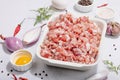 Raw minced meat, spices and herbs. Traditional ingredients for cooking cutlets or meatballs Royalty Free Stock Photo