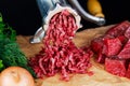 Raw Mincer with fresh minced beef meat Royalty Free Stock Photo