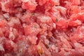 Raw mixed minced meat with herbs and spices made at home, close up.