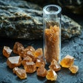 Raw monazite ore with coarse sandy texture and processed monazite powder in a glass vial on a laboratory surface Royalty Free Stock Photo